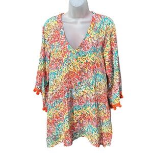 UNCLE FRANK Women Sz M Multi Geometric Pom Pom‎ Bell Sleeves Tunic Cover Up Top.